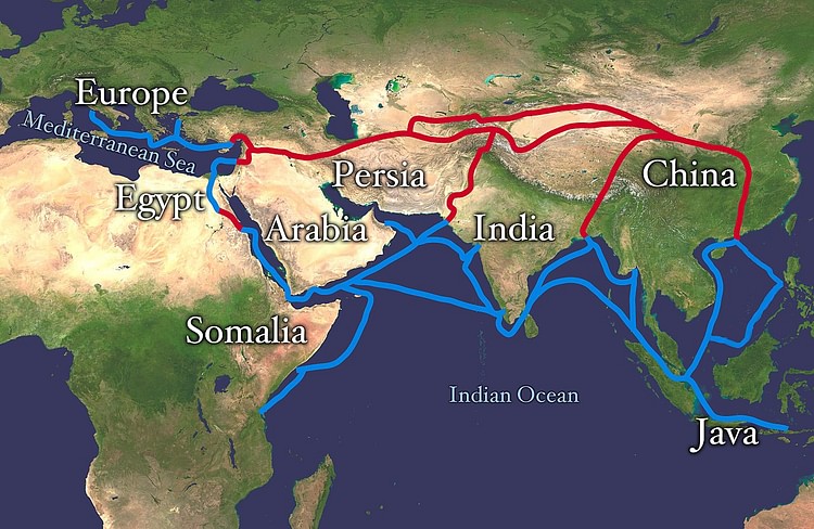Map of the Silk Road Routes (Whole Wrold Land And Oceans)