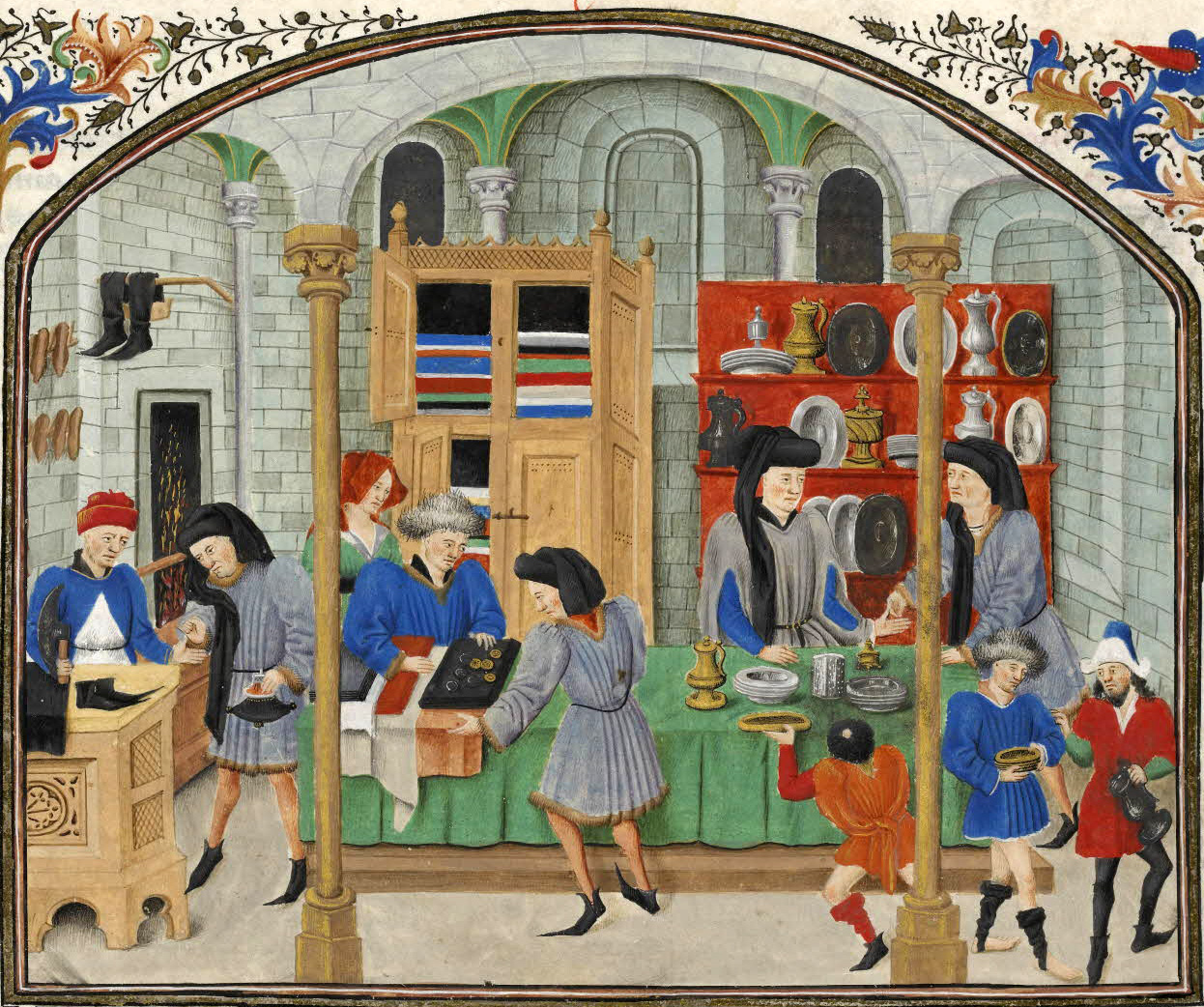 Gammelt maleri fra 1500 tallet, strikkeprodukter selges på marked