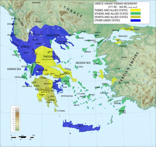 Mapa da Grécia sob a hegemonia de Tebas