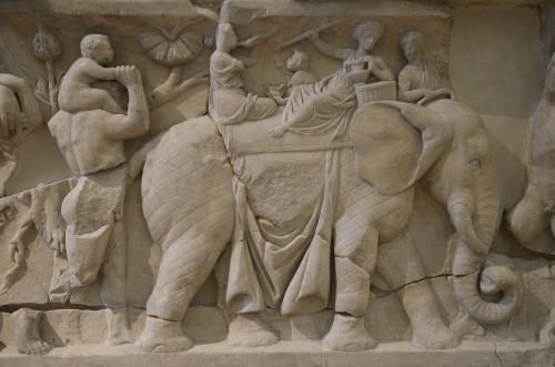 Detalle del sarcófago romano con un elefante
