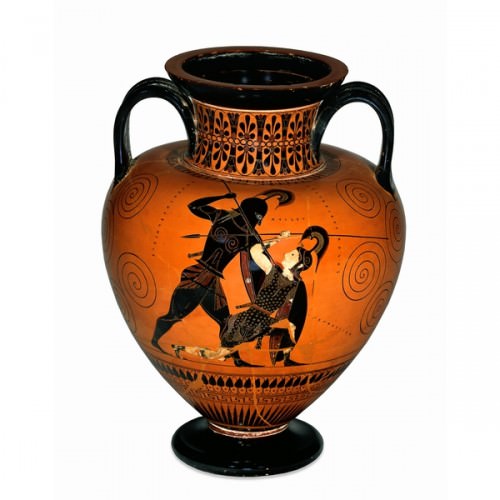 Ánfora negra (jarra de vino) firmada por Exekias como alfarero y atribuida a él como pintor