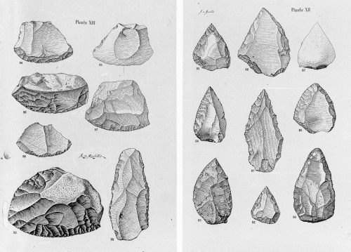 Desenhos de ferramentas paleolíticas médias: pontos e raspadores