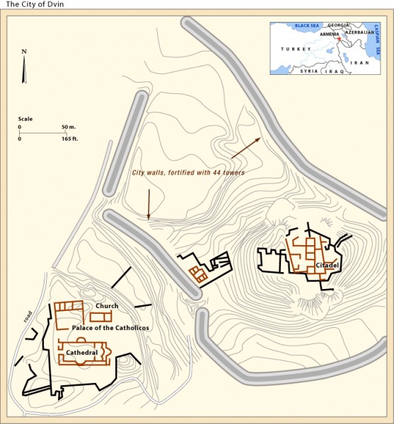 Mapa del sitio arqueológico de Dvin